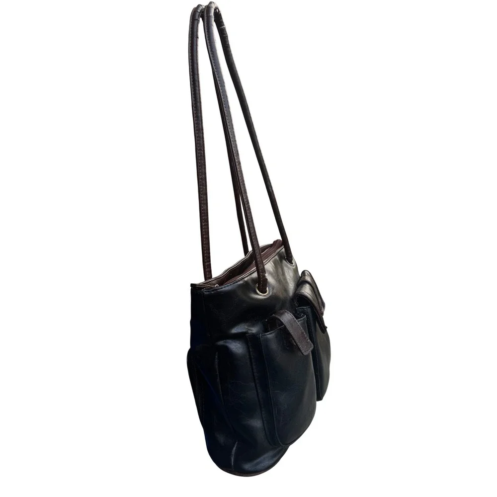 Vintage Black Brown Leather Multi Pocket Shoulder Bag Tote